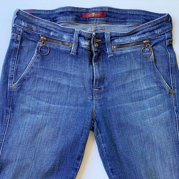 7 For All Mankind Womens Flare Wide Bootcut Jeans 28 Raw Hem Zippers Low Rise - Picture 3 of 15